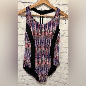 Catalina Womens Swimsuit One Piece Black trim with blue pink print XL